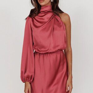 Selfie Leslie Can't Compete One Sleeve Satin Mini Dress Dusty Pink Sz8